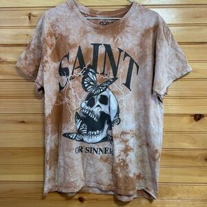 Popular Poison Saint or Sinner Brown Tie Dye Skull and Butterfly Tee Large
